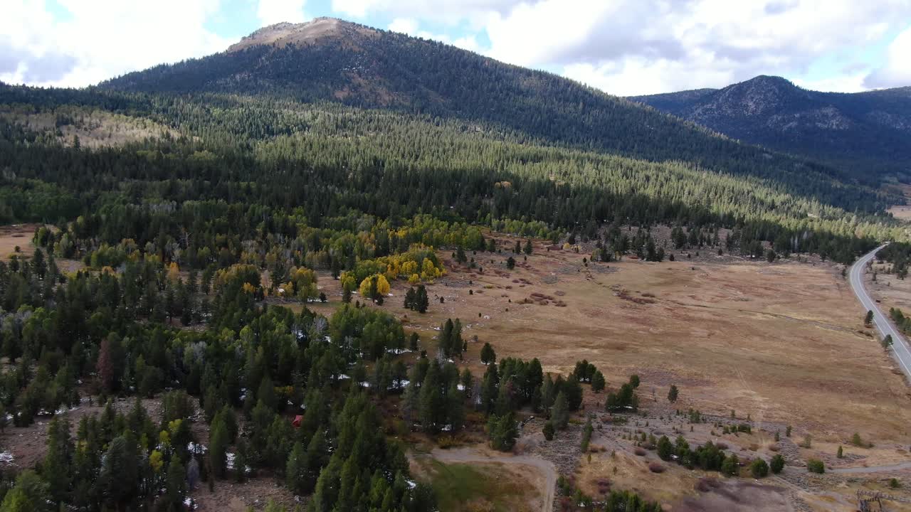 カリフォルニア州シエラネバダ山脈のタホ湖での見事な空撮ドローン映像、松林と風光明媚な山道