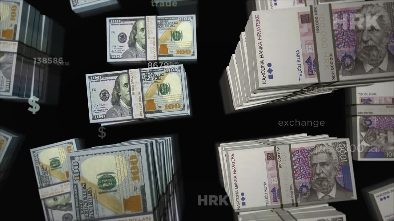 el dólar estadounidense y la kuna croata cambian dinero. animación de bucle.
