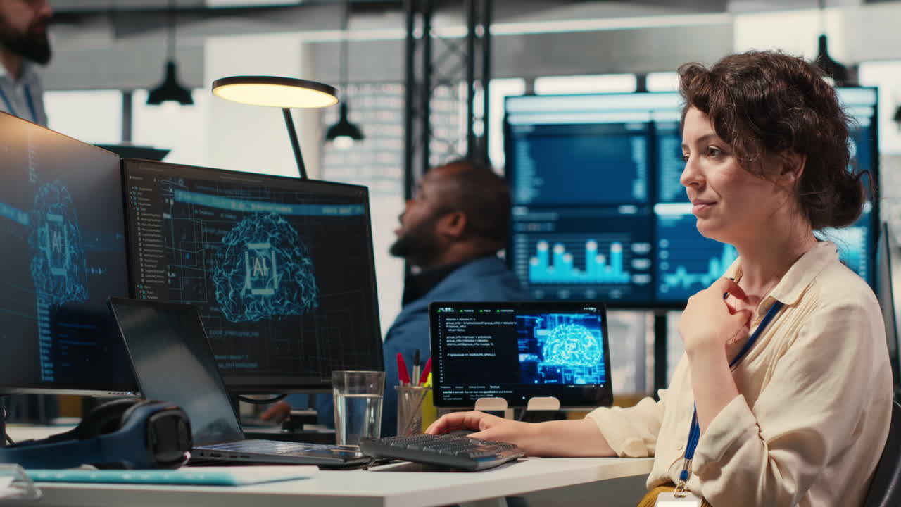 Vertical Video Woman analyst uses AI neural networks for data mining and optimization