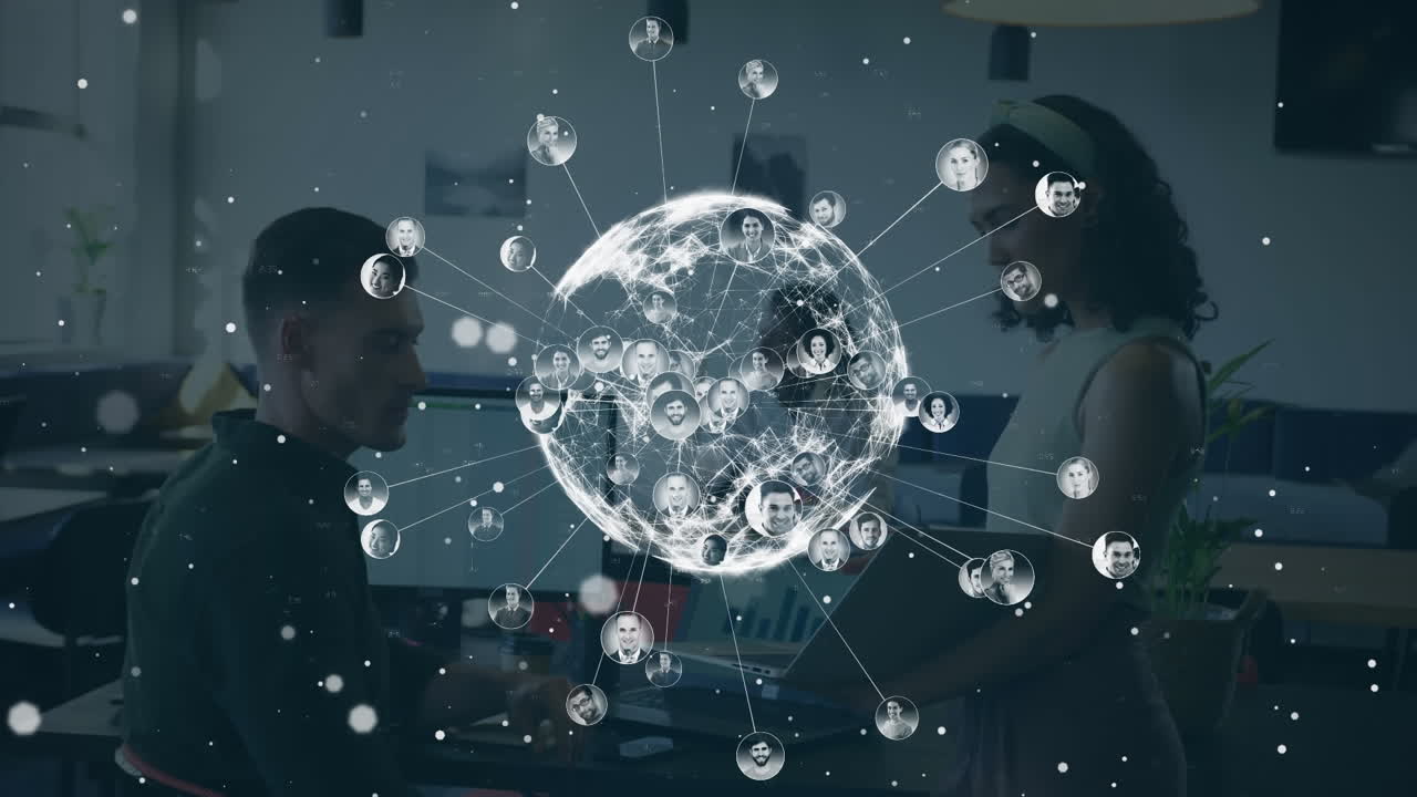 Animation of globe with icons over diverse business people in office