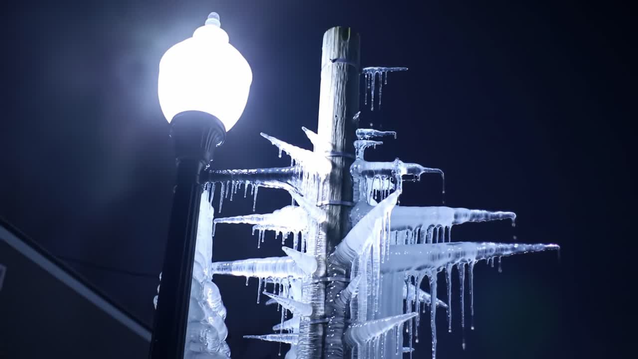 Illuminated Ice Formation on Street Lamp at Night: A Frozen Marvel with Intricate Icicles Glimmering Under Streetlight's Soft Glow