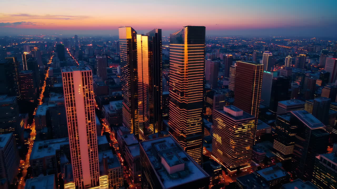 Sunset over a vibrant city skyline