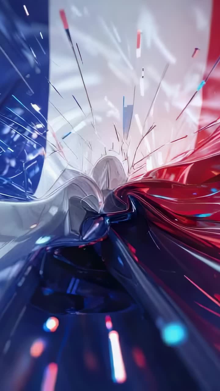 Vertical video: Radiating shards driving metallic wave rising in digital space, forming French flag