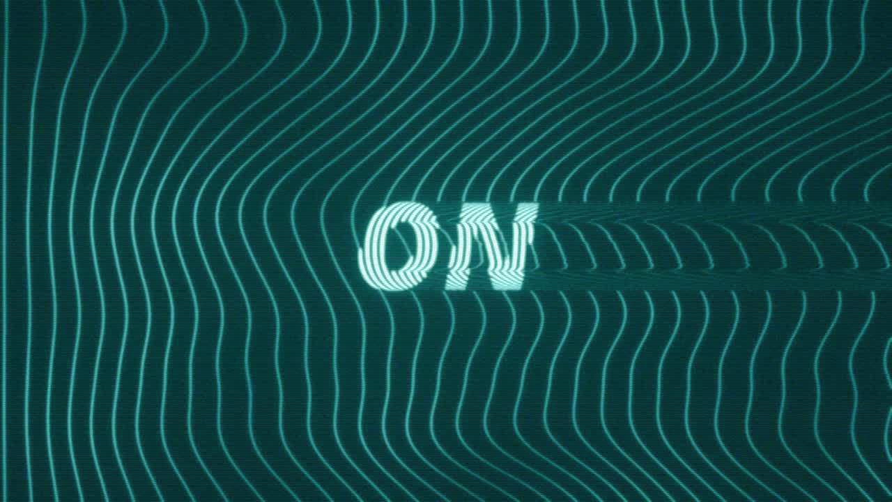 Concetto di stato animato con testo "On" sfarfallante su uno sfondo blu scuro con linee ondulate al neon fluttuanti e sottile distorsione digitale