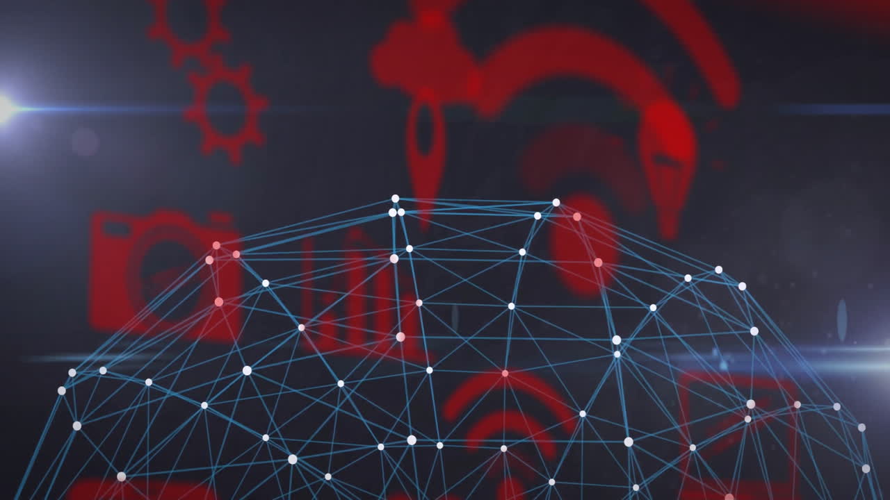 Network of connections and data processing animation over red technology icons