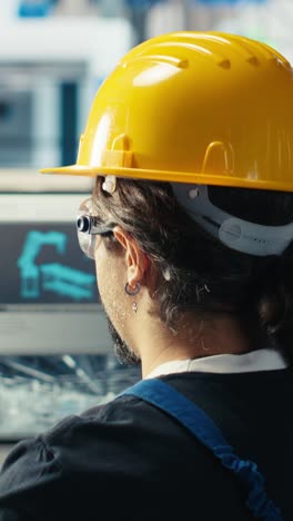 vertical video photovoltaics factory engineer wearing yellow hardhat analyzing data on pc