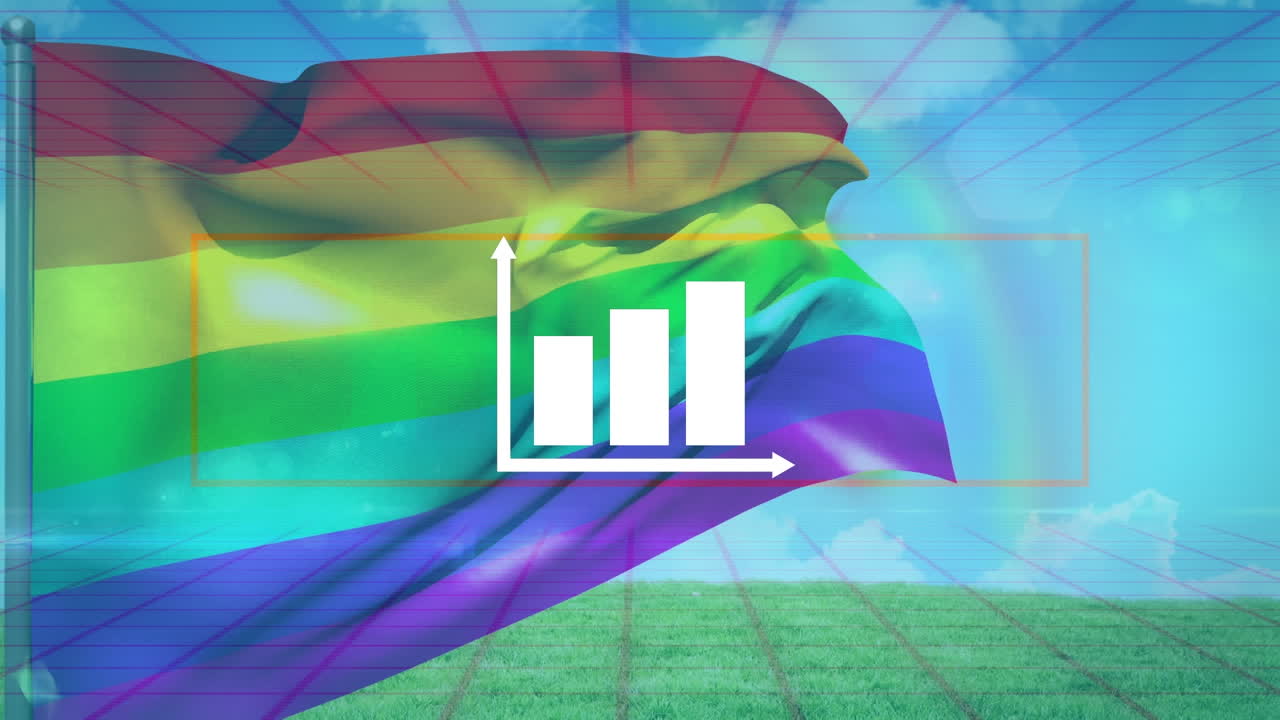 animación de la bandera del arco iris sobre el diagrama y las nubes