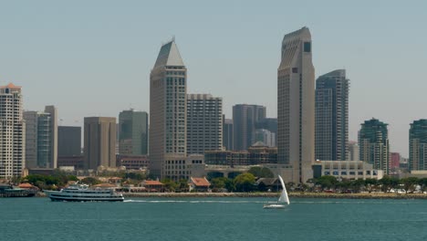 horizonte de san diego desde la isla coronado durante un hermoso día con tráfico de barcos