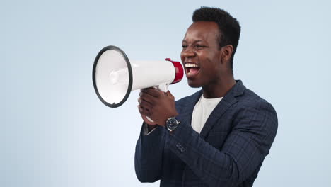 Announcement,-megaphone-and-black-man-shouting