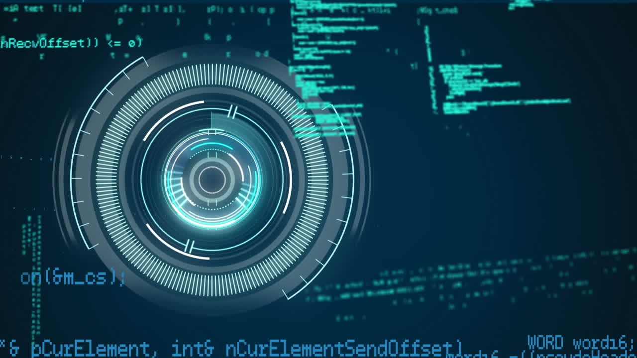 Animation of neon round scanner and data processing against blue background