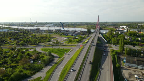 complicated highway interchange near the third millennium john paul ii bridge over martwa wisla river daytime aerial view