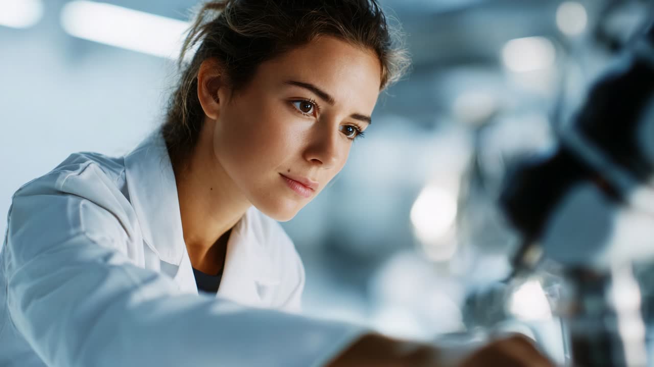 A focused scientist wearing a lab coat diligently examines her work in a laboratory setting, showcasing the essence of research, concentration, and dedication to scientific discovery and innovation