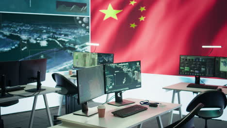 empty monitoring room equipped with the chinese flag on big screen