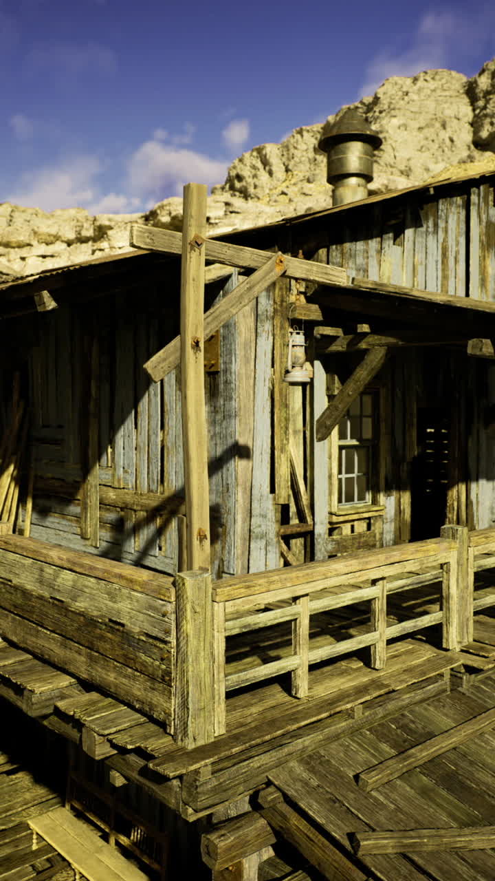 Wooden cabin built on rocky terrain in a desert landscape during daylight