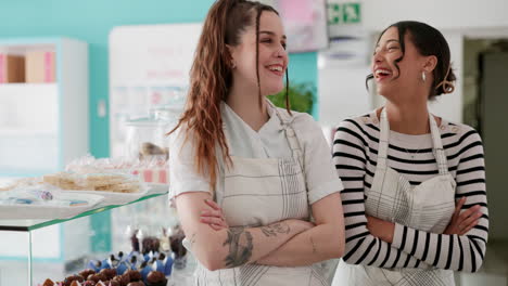 Women,-face-and-laughing-in-bakery-with-employees