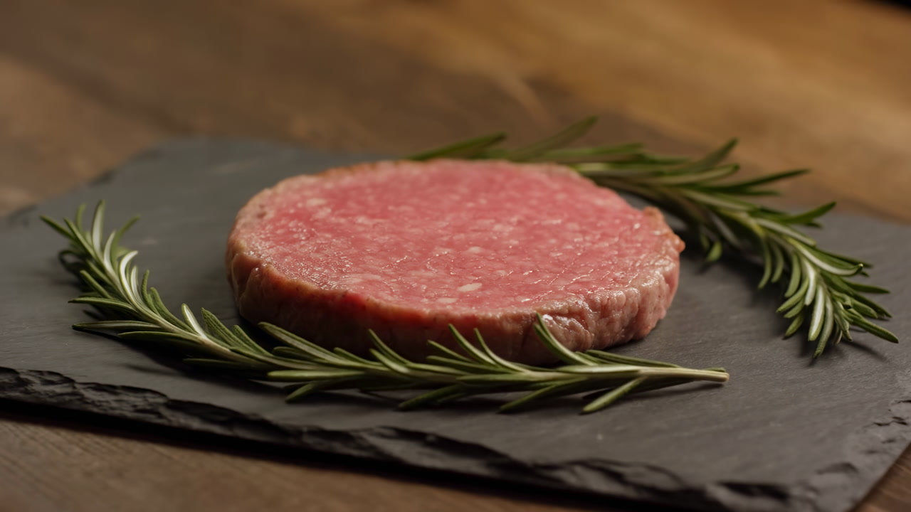 Raw Beef Burger Patty On Slate, Rosemary Sprigs On Rustic Wooden Table Closeup Of Uncooked Ground Beef Showing