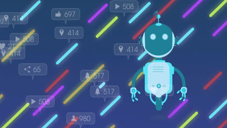 animación de robot, múltiples barras de notificación sobre líneas multicolores contra un fondo abstracto