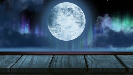 Animación-De-Luna-Llena-Y-Aurora-Boreal-En-El-Cielo-Sobre-Un-Muelle-De-Madera