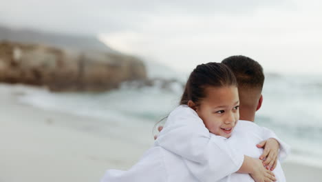 beach, karate or high five with a father