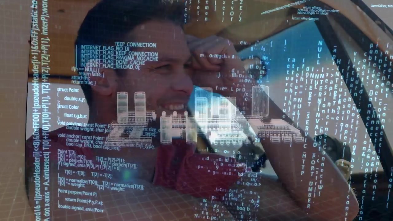 Animation of connections and data processing over man in car