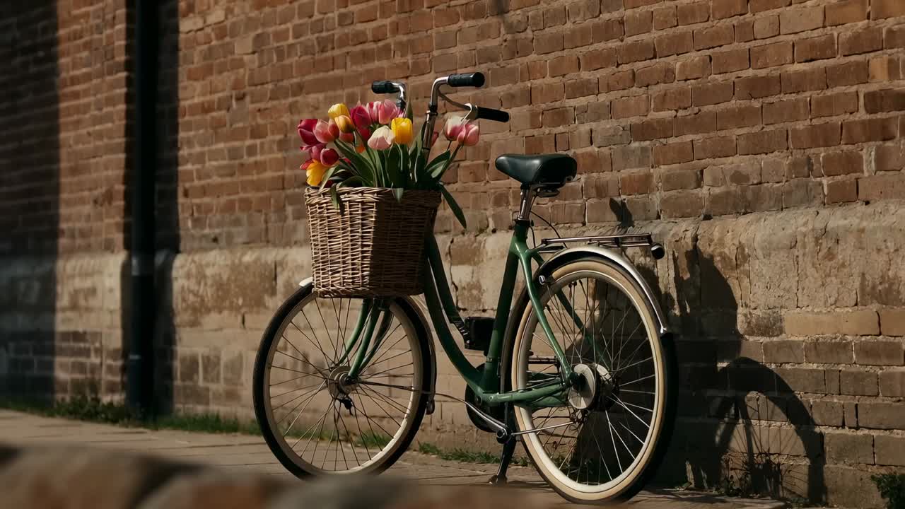 Groene fiets gefocust op een rieten tulpenmand, met verschuivende camera gecentreerd tegen een zonnige bakstenen muur