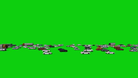 heavy traffic of 3d cars, side view 4k, green screen chromakey