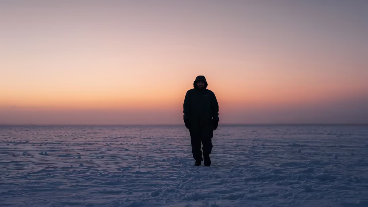 Uomo incappucciato che cammina verso la fotocamera da un orizzonte lontano al crepuscolo, che mostra guanti, stivali e parka