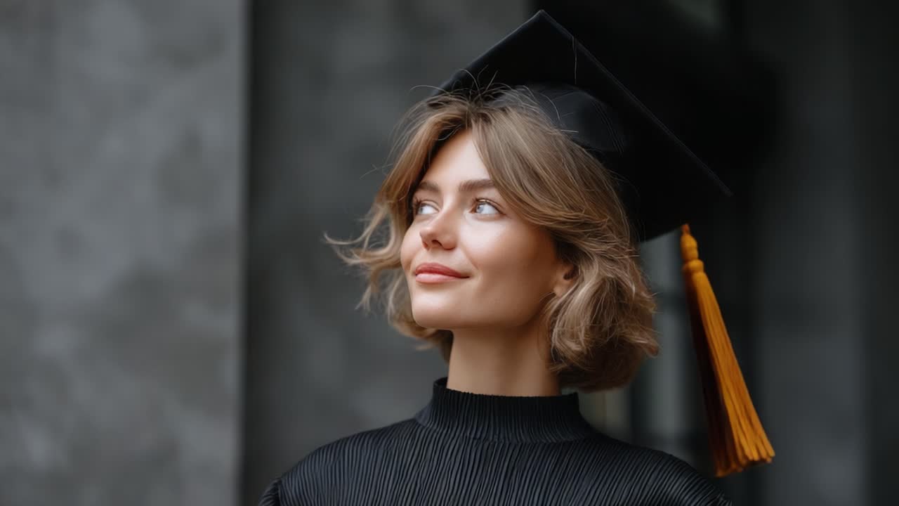 A Joyful Graduate Celebrating Achievements with a Cap on Her Head, Radiating Confidence and Hope for the Future While Posing in a Classy Black Outfit