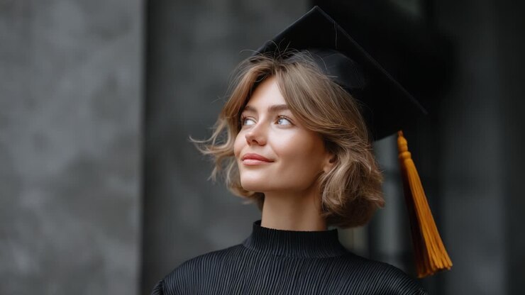Una laureata piena di gioia che celebra i suoi successi con un cappello in testa, che irradia fiducia e speranza per il futuro mentre posa con un elegante abito nero