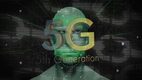 animation of 5g 5th generation text over green human head glowing in background