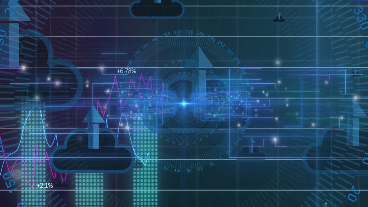 통계 데이터 처리의 애니메이션과 둥근 스캐너에 대한 여러 클라우드 업로드 아이콘