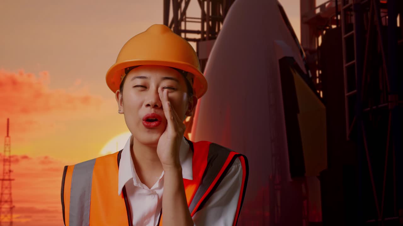 안전 헬을 입은 아시아 여성 엔지니어가 스페이스 셔틀에 서서 손을 입 위에 고 비명을 지르고 있다.