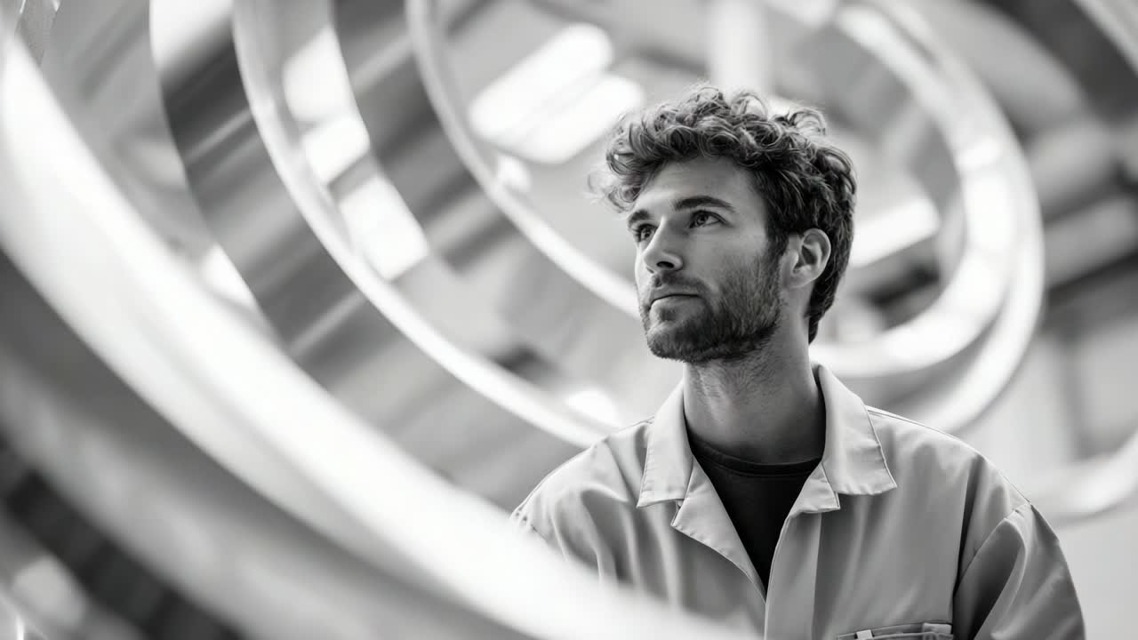 Un artigiano riflessivo impegnato in un lavoro di precisione tra design in acciaio inossidabile, che riflette innovazione e visione artistica in un ambiente di lavoro moderno con intricate strutture circolari che lo circondano