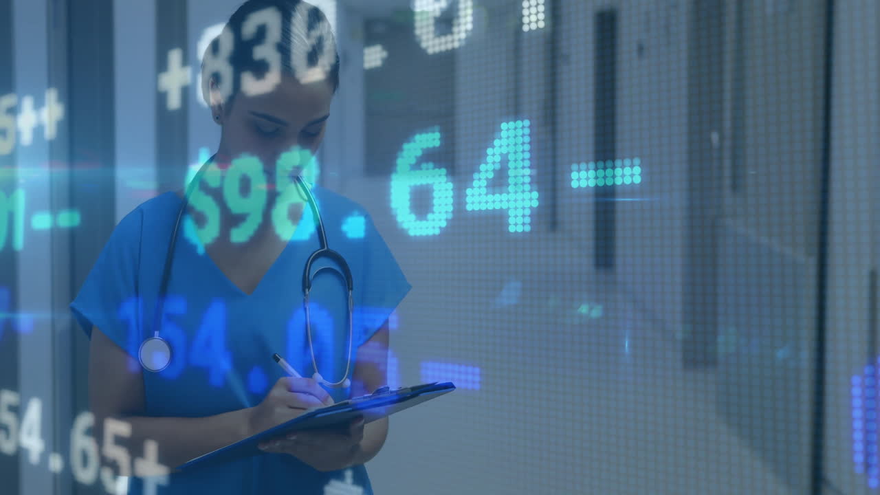 escribir en el clipboard sobre la animación de datos financieros, profesional médico en la oficina