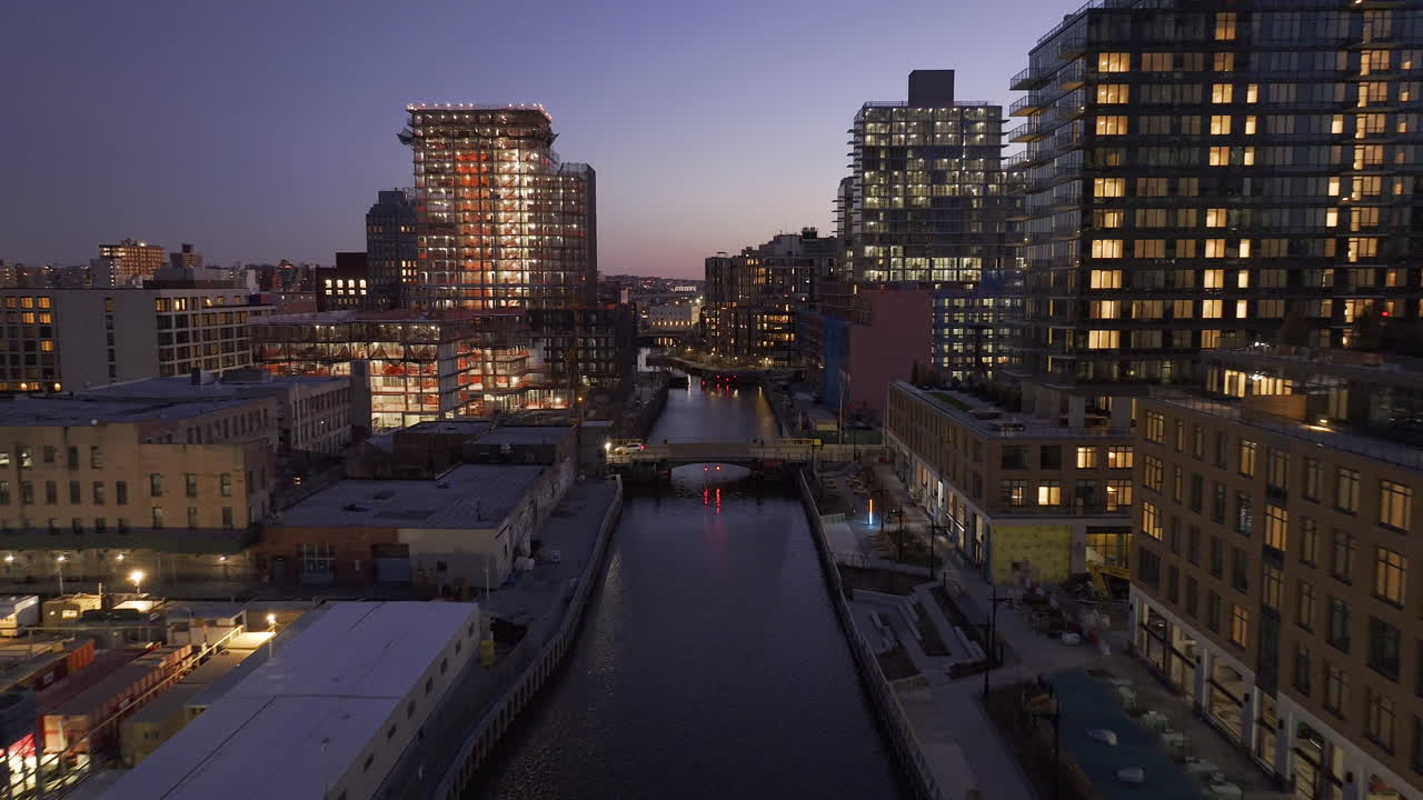 Aerial view of the Gowanus Canal. Shot in Brooklyn at night.