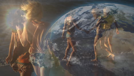 animation of rotating globe over female friends walking on sunny beach