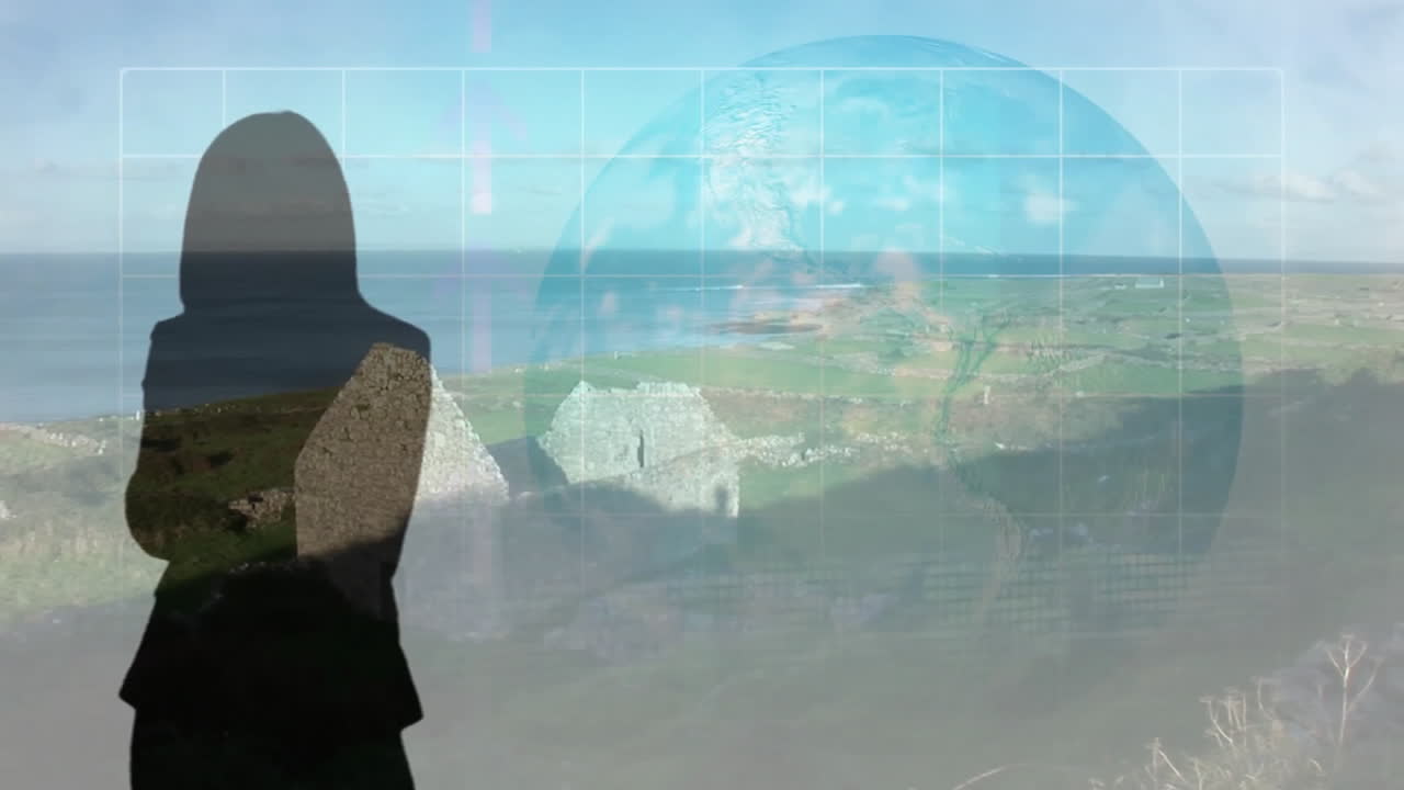 Animation of person silhouette with globe and landscape in background