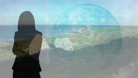 animation of person silhouette with globe and landscape in background