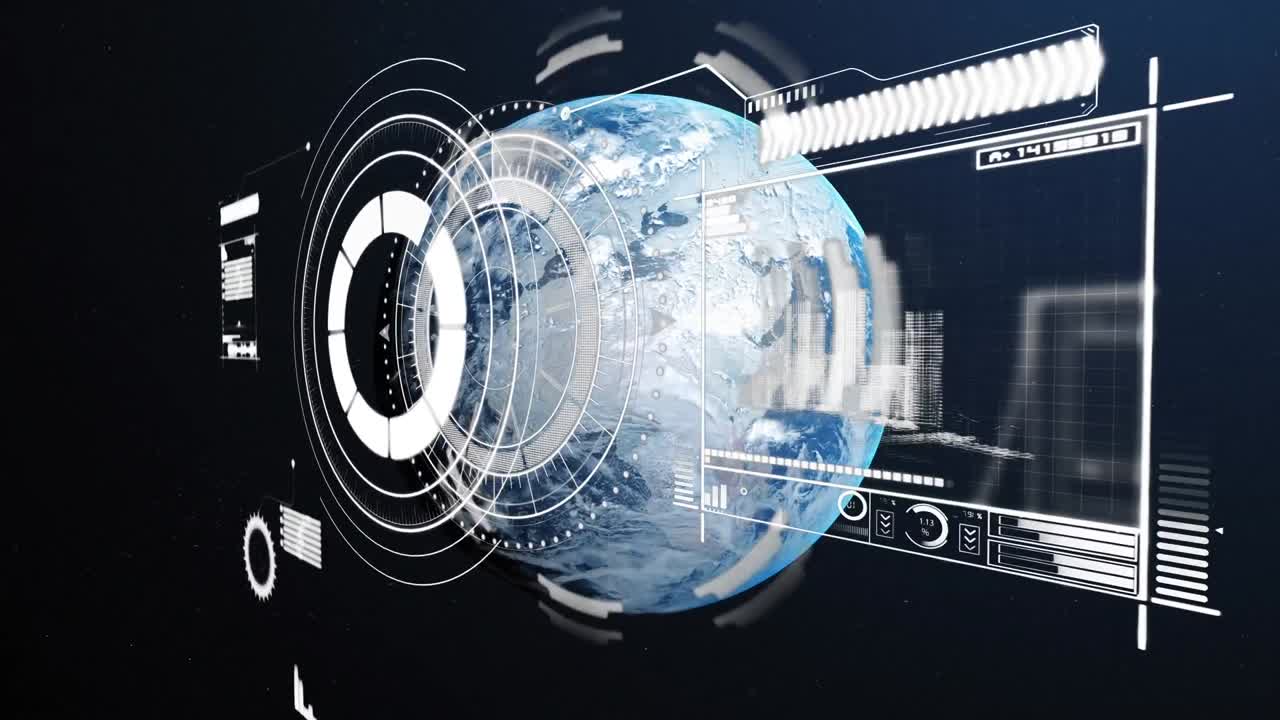전 세계에 대한 범위 스캐닝과 데이터 처리 애니메이션