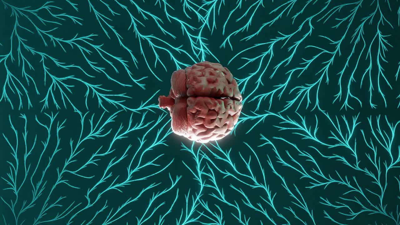 Human brain in center of glowing blue neural network pattern on dark background. Neuroscience, artificial intelligence and mental connectivity concept. Digital illustration with copy space