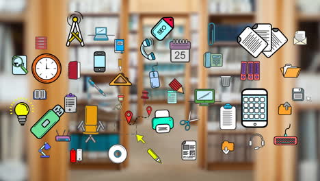iconos coloridos de artículos de oficina fuera de foco estanterías en el fondo