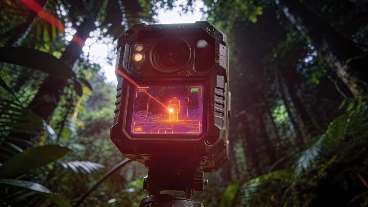 Scanning rugged cube camera locking onto neon target on jungle floor, with red lasers and tripod