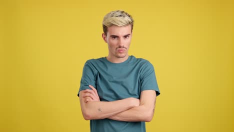 Man with arms crossed on yellow background