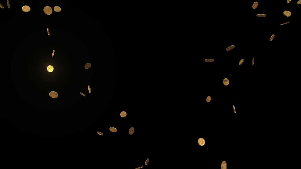Glowing gold coins falling on a black background from two upper corners of the frame 3D animation