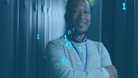 Animation-of-binary-coding-against-african-american-male-engineer-smiling-at-computer-server-room