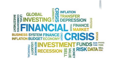 4k financial crisis animated tag word cloud,text design animation seamless loop