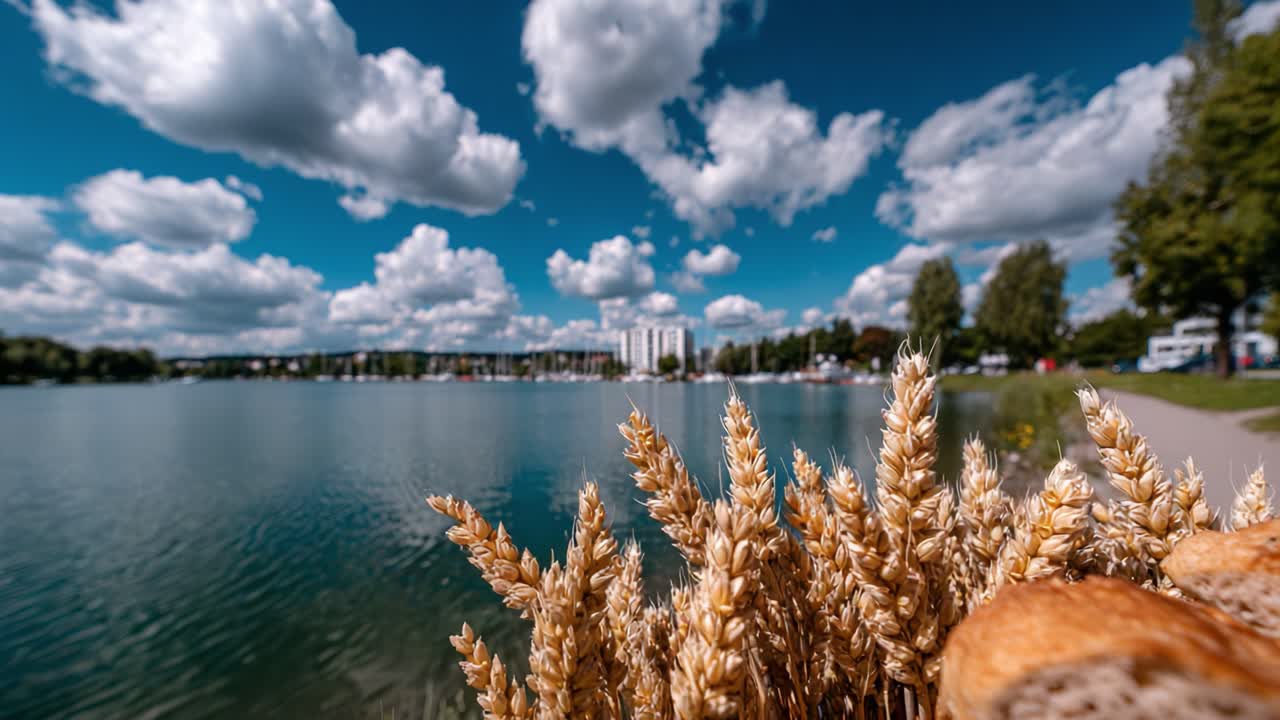 A Scenic View of a Tranquil Lake Surrounded by Lush Greenery and Vibrant Clouds, Complemented by Golden Wheat Emphasizing the Beauty of Nature and Peaceful Moments