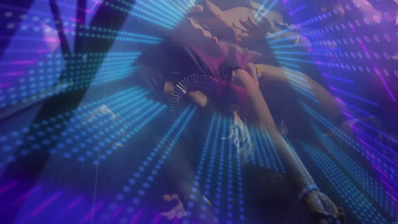 Blue dotted grid starting while woman dancer arching in club, triangle sweeping limbs for depth