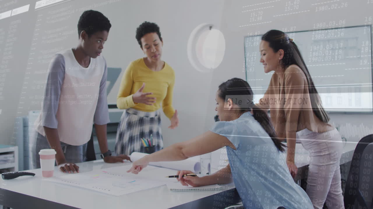 Diverse team collaborating over financial data processing animation in modern office