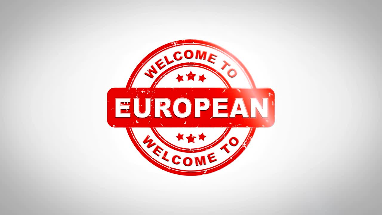Benvenuti all'animazione di timbro in legno con testo timbrato europeo. Inchiostro rosso su sfondo di carta bianca pulita con sfondo opaco verde incluso